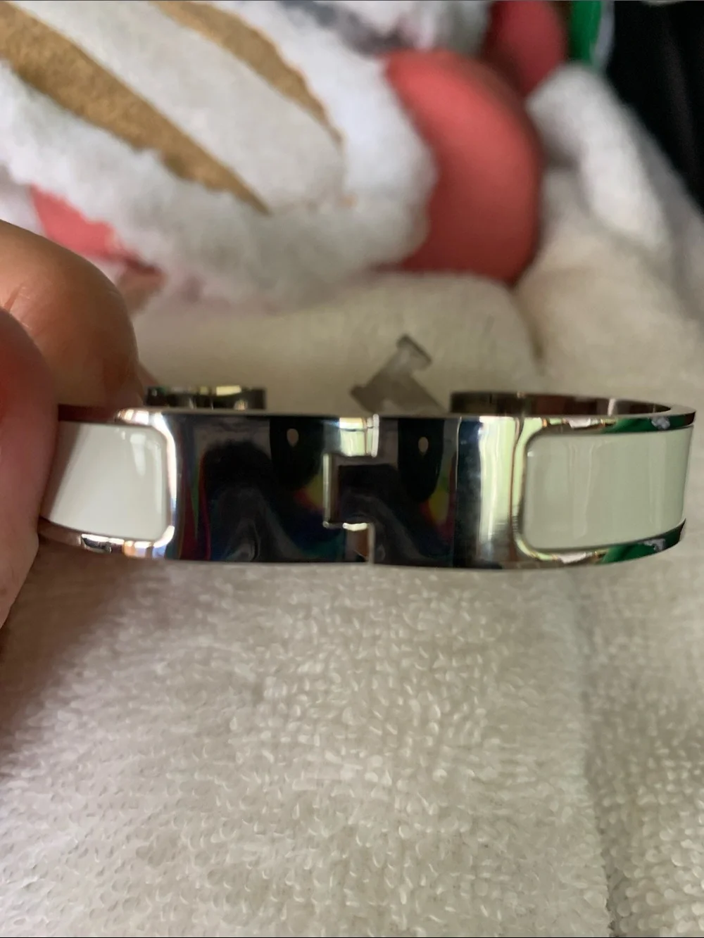White Enamel H Clic Bracelet with Silver Hardware